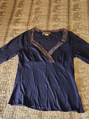 Self Esteem Navy 3/4 Sleeve V-Neck Top with Lace Trim